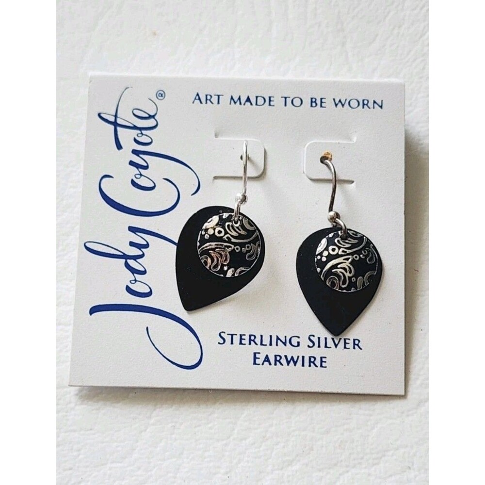 Jody Coyote Layered Drop Earrings Sterling Silver Ear Wires Black Leaf Filigree
